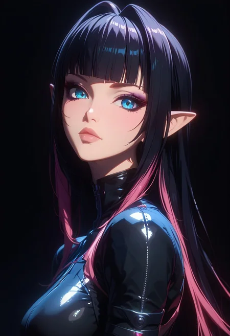 score_9,score_8_up,score_7_up,score_6_up,score_5_up,score_4_up, digital art, female portrait, 3D illustration, GLSHS, high-resolution, 1girl, Annerose, pointy ears, black hair, blunt bangs, blunt ends, colored inner hair, hime cut, long hair, medium bangs, multicolored hair, pink hair, multicolored hair, makeup, mascara, blue eyes, two-tone hair, Expressiveh, detailed texture, side view, looking at viewer, dead expression, emotionless eyes, black bodysuit, turtleneck, sideboob, high heels, skin tight, holding, katana, black background, posing, dramatic mood, cinematic lighting,