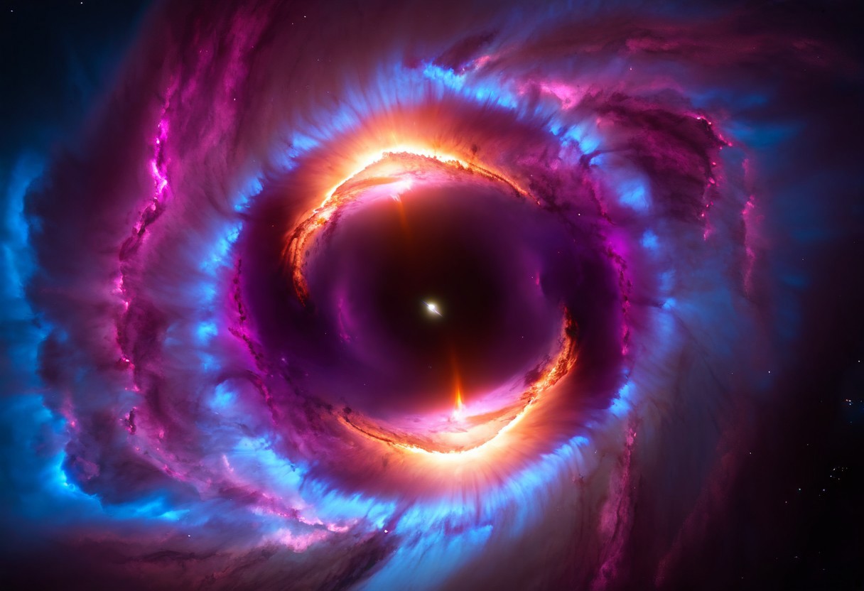 a dynamic and breathtaking image of the universe with vibrant colors and dramatic lighting. Show a swirling nebula in the foreground with bright, intense hues of blue, purple, and pink. In the background, depict a distant galaxy with spiraling arms and scattered stars. Include a supernova explosion, radiating brilliant light, and a mesmerizing black hole at the center, with cosmic debris swirling around it. Add a hint of distant planets and asteroids to create a sense of scale and depth. Make the entire scene feel alive and constantly in motion.