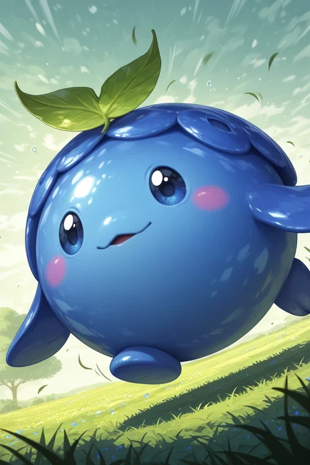 realistic shading, natural lighting, blueberry-creature focus, looking away, expressive face, daberry, green_daberry_leaf on head, blue_daberry_hair, blue eyes, 1blueberry creature, pokemon (creature), parted lips, shiny skin, running, outdoors grass field, sunlight, fantasy, dynamic angle, motion lines, motion blur, speed blur, intricately detailed illustration, depth of field, masterpiece, best quality, amazing quality, very aesthetic, absurdres, newest