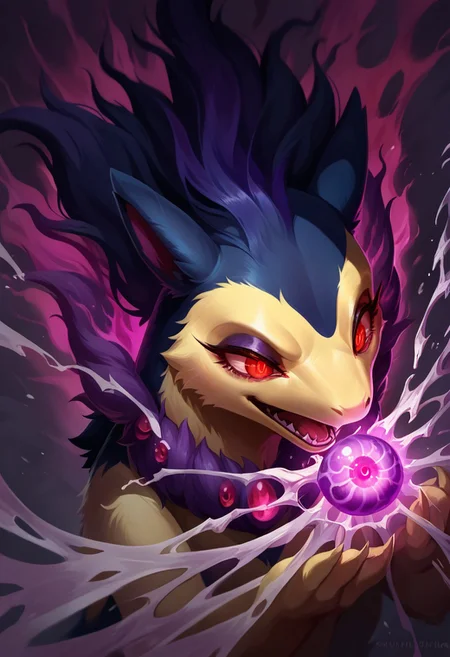 score_9, score_8_up, score_7_up, solo
1girl, score_9, score_8_up, score_7_up, score_6_up, score_5_up, score_4_up, solo, furry,( solo:1.3), 1girl, League of Legends, Splash Art, horror, scary, dramatic light, glowing eyes, tension, horrorStylez,( glowing eye trail:1.6),( beautiful eye:1.2),
pokemon, furry, (creature), Hisuian Typhlosion_(Pokemon), Red Eyes, Light Yellow Skin, Purple flames, Purple Orb Neck Flames,