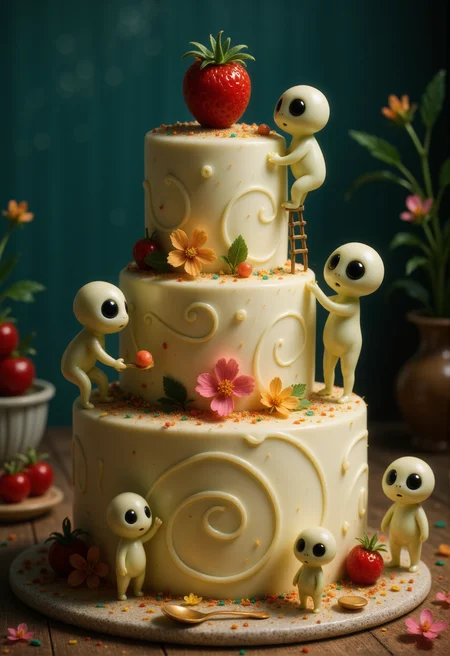 A group of tiny Kodama forest spirits are actively decorating a colossal, multi-tiered cake. Each Kodama, barely the size of a cherry, has a smooth, pale body and a round head with large, dark eyes filled with focus and joy. One stands on a giant swirl of frosting, holding a piping bag larger than itself, carefully adding icing details. Another climbs a ladder made from candy sticks to place a massive strawberry on the top tier. Two Kodamas work together to lift an oversized sugar flower, while another balances on a spoon, sprinkling rainbow sprinkles across a vast layer of frosting. Towering fruit slices, huge fondant bows, and thick layers of icing surround them, turning the cake into a vibrant, playful world where the Kodamas busily scurry, climb, and decorate with purpose and delight. <lora:Kodama_V1:1>