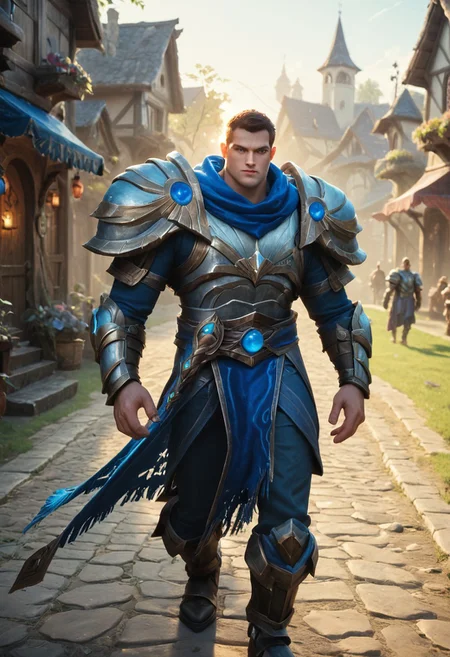 score_9, score_8_up, score_7_up, score_6_up, outdoors, fantasy village, detailed background, sunset, vibrant saturated color, 1boy, garen from league of legends, Garen Crownguard, blue scarf, pauldrons, brown hair, blue eyes, muscle, armor,