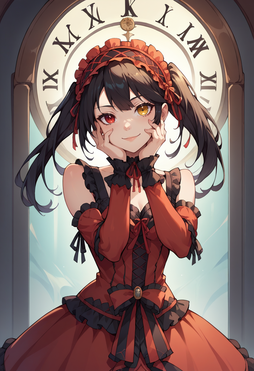 score_9, score_8_up, score_7_up, source_anime, KurumiBase, clock eyes, red eye, yellow eye, heterochromia, black hair, twintails, hairband, red dress, frills, detached sleeves, frilled choker, light smile, head tilt, hands on own cheek, <lora:CHAR-TokisakiKurumiPonyXL:1>