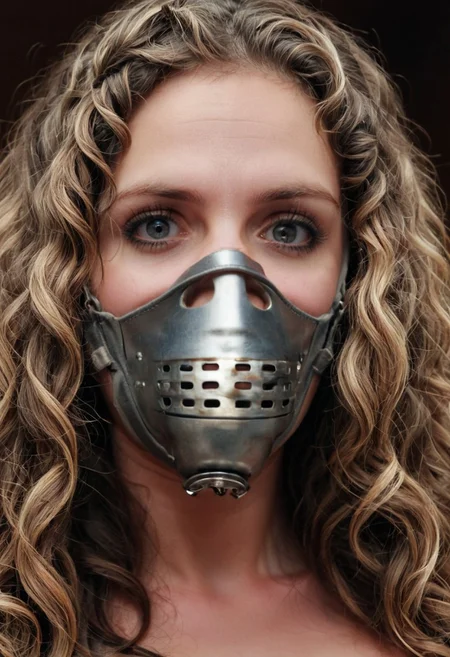 (metal muzzle gag), wearing gag, metal nose hook, gagged, g4g, cute woman, (long curly hair), detailed face, (looking at viewer)