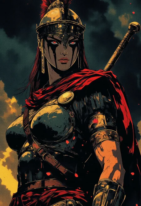Female Roman soldier, Revenant, war paint, face paint, eye black, glowing eyes, glancing at viewer, in profile, toned arms, braided hair, battle damaged armor, large breasts, breast plate, dark and moody background, adds a dramatic tone, subtle lighting reflections, ray traced, foreshortening, particle effect, Holding a sword,