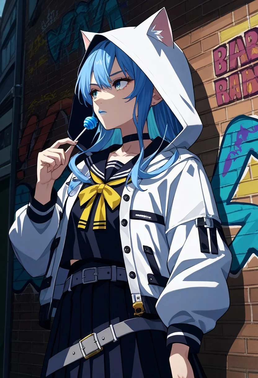 score_9, score_6_up, source_anime, 1girl, solo, leaning, graffiti, urban, holding blue lollipop, looking away, SuiseiSchool, long hair, black serafuku, black shirt, black choker, yellow bowtie, grey belt, black skirt, white jacket, hood up, cat hood, open jacket
