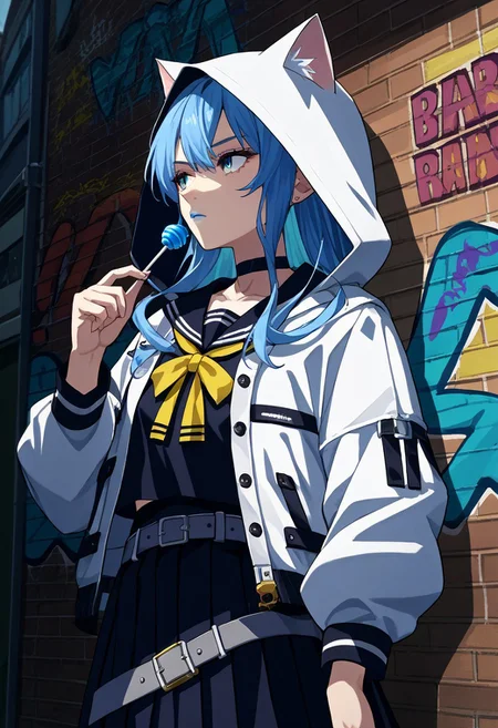 score_9, score_6_up, source_anime, 1girl, solo, leaning, graffiti, urban, holding blue lollipop, looking away, SuiseiSchool, long hair, black serafuku, black shirt, black choker, yellow bowtie, grey belt, black skirt, white jacket, hood up, cat hood, open jacket
