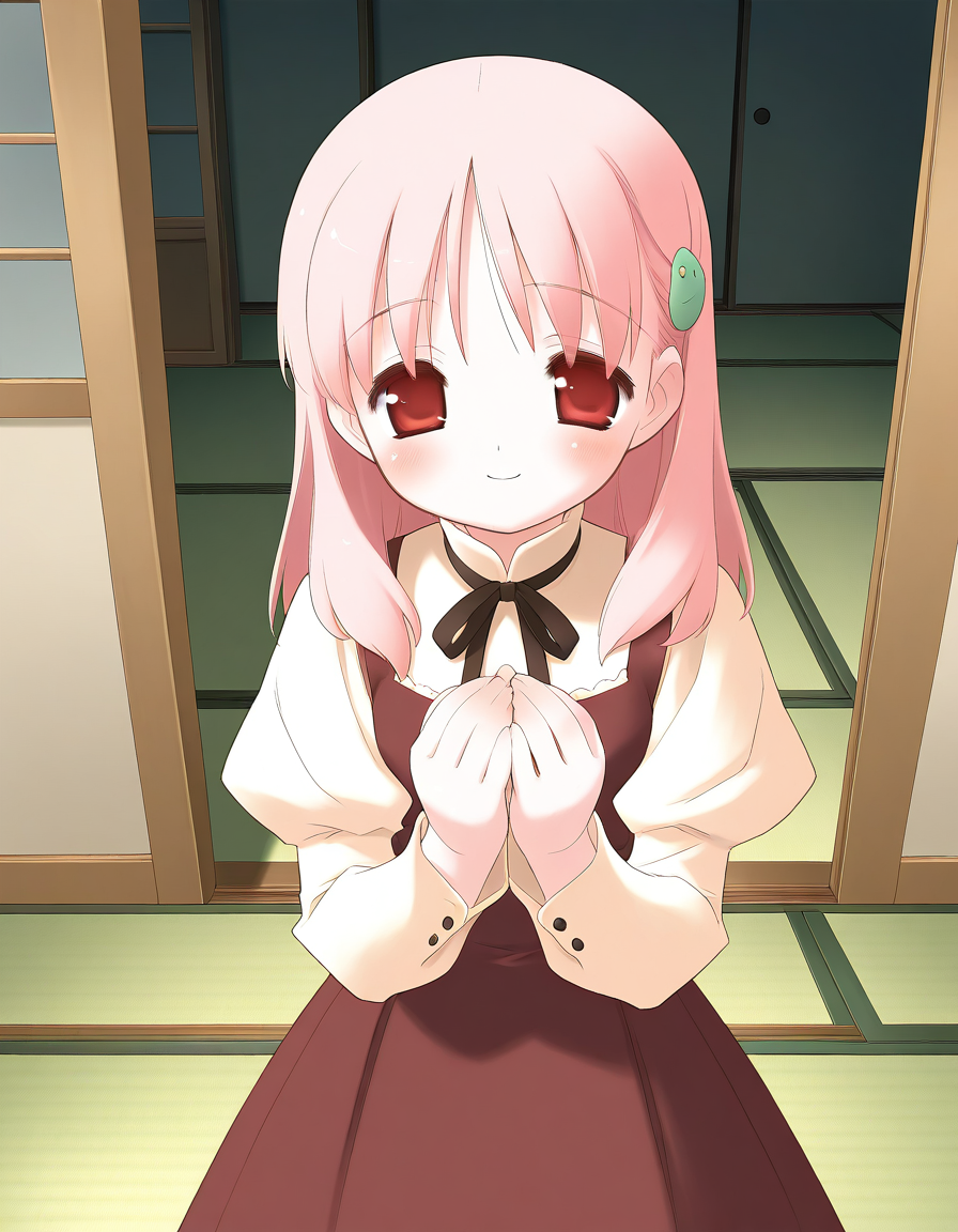 general,highres, ultra-detailed,very aesthetic,best quality ,best hands,  BREAK <lora:Kiriyama_Sakura_IS:1> KiriyamaSakura, pink hair, flat chest, red eyes, hair ornament, 
1girl, solo, long sleeves, smile,  long hair,
home in the room, tatami.
