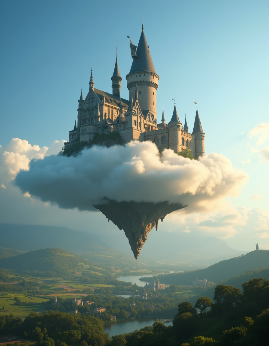 <lora:MW_Minis01flux:1> mwm01, cinematic, majestic, fantasy, T10, gold, blue, bokeh, photo of a haunted magical castle with ornate spires and detailed architecture, floating atop a massive cloud island in a bright blue sky. The castle is lit by golden sunlight from the right, casting soft shadows and illuminating the stonework. Below, a lush, rolling green landscape stretches into the horizon, dotted with trees and distant castles and villages nestled in the hills. The view is from a slightly elevated mid-ground perspective, focusing upward toward the floating castle to emphasize its surreal height and grandeur. Highly detailed, cinematic lighting, fantasy realism, photorealistic.