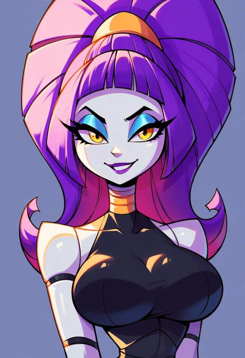 masterpiece, score_9_up, score_8_up, score_7_up, score_6_up, source_anime, (best quality:1.1), ultra-detailed, high resolution, solo, 1girl, xsexyrobotx, female robot, glowing yellow eyes, long eyelashes, makeup, (metallic purple hair, high ponytail), sleek metallic body, narrow waist, large breasts, smirk, black dress, expressiveh, simple background, high contrast, sharp focus, perfect lighting, anatomically correct
