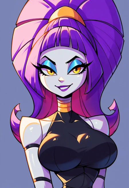 masterpiece, score_9_up, score_8_up, score_7_up, score_6_up, source_anime, (best quality:1.1), ultra-detailed, high resolution, solo, 1girl, xsexyrobotx, female robot, glowing yellow eyes, long eyelashes, makeup, (metallic purple hair, high ponytail), sleek metallic body, narrow waist, large breasts, smirk, black dress, expressiveh, simple background, high contrast, sharp focus, perfect lighting, anatomically correct