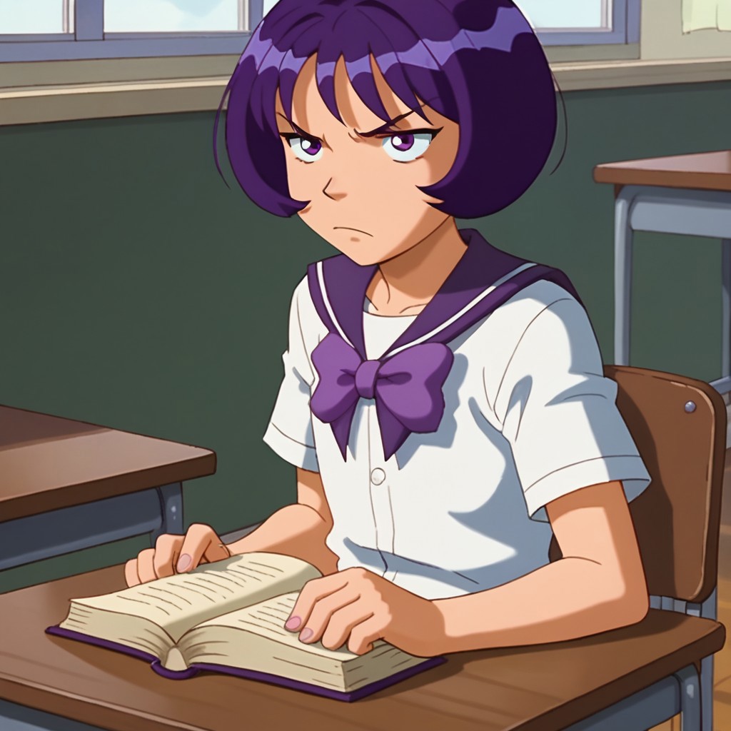 score_9, score_8_up, score_7, BREAK, madison_ts. purple hair, short hair, purple eyes, school uniform, skirt, bow, frown, desk, classroom, book