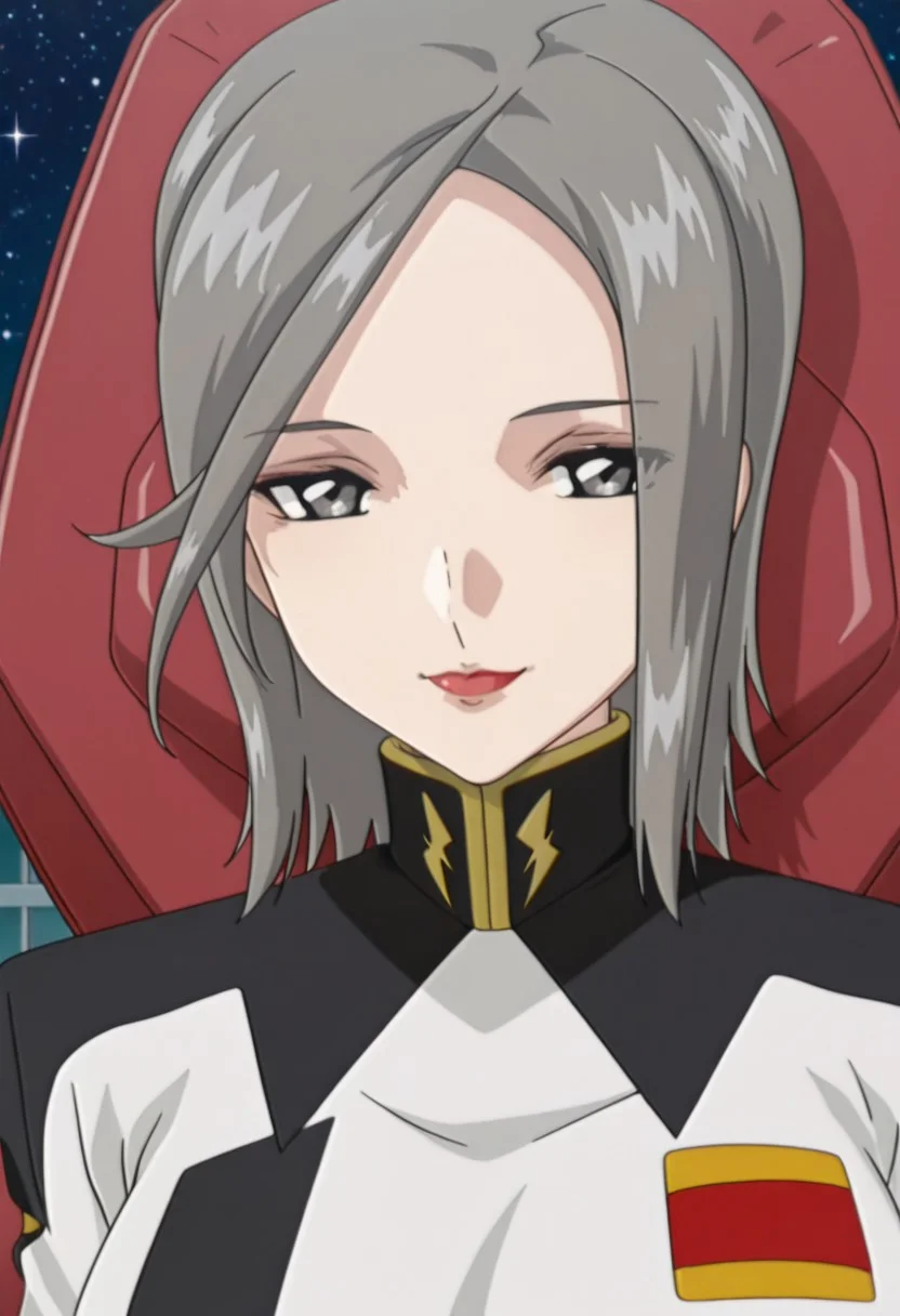 best quality, masterpiece, anime screencap, anime coloring, ultra detailed, source_anime, intricate details, perfect anatomy, looking at viewer,
meir shiva, 1girl, solo, grey hair, short hair, breasts, large breasts, grey eyes, hair over one eye, lips, makeup, lipstick,
uniform, military uniform, military, white military uniform, star (sky), sitting, smile,