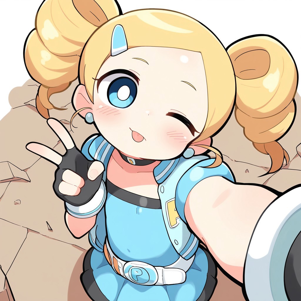masterpiece, best quality, break, solo, miyako_rb, blonde hair, twin drills, hairclip, blue eyes, choker, dress, belt, jacket, fingerless gloves, selfie, from above, v, head tilt, one eye closed, tongue