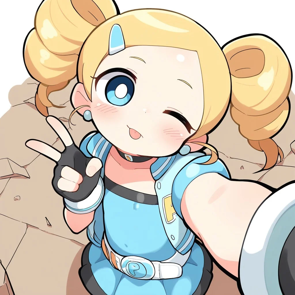masterpiece, best quality, break, solo, miyako_rb, blonde hair, twin drills, hairclip, blue eyes, choker, dress, belt, jacket, fingerless gloves, selfie, from above, v, head tilt, one eye closed, tongue