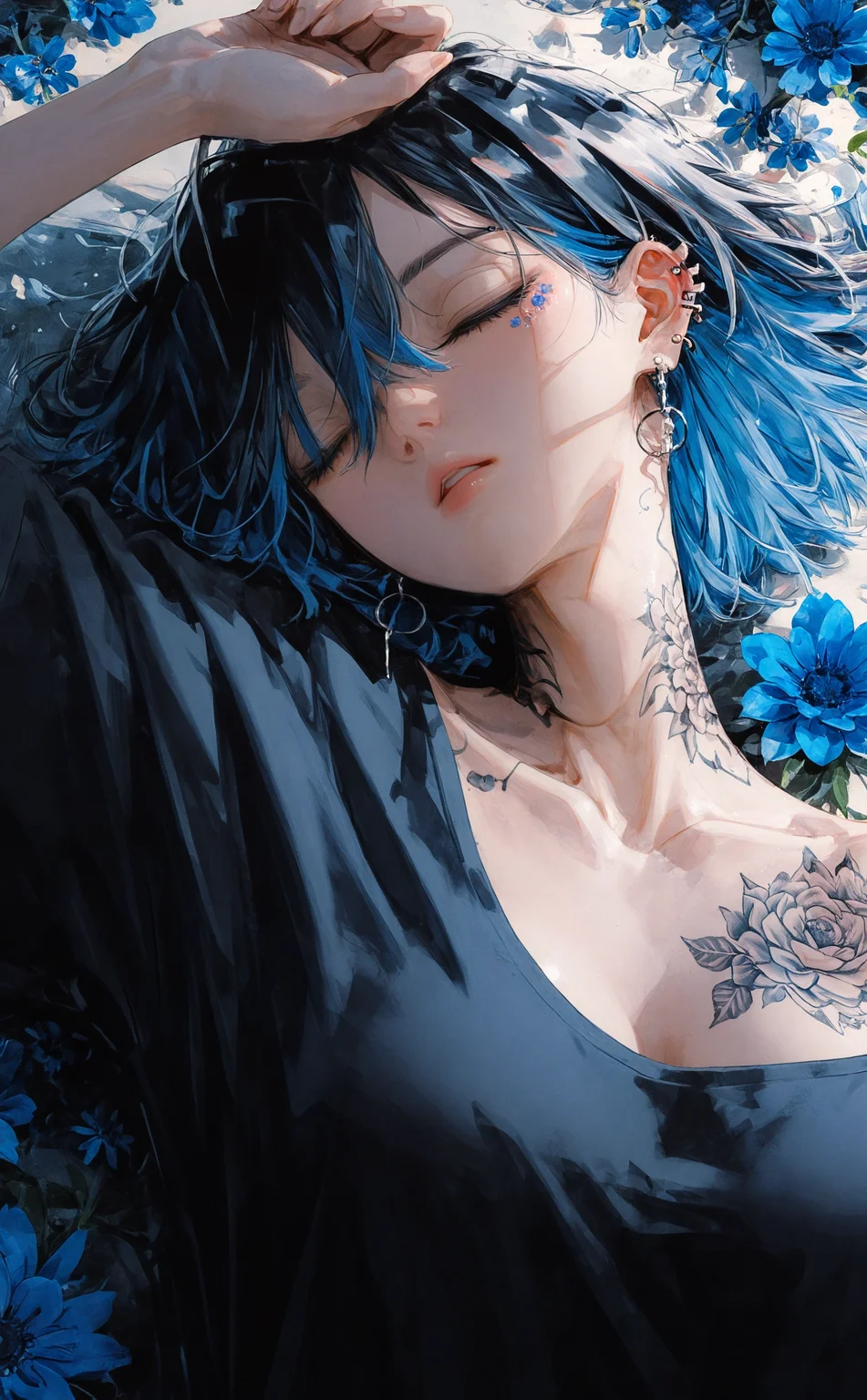 masterpiece, best quality, amazing quality, 1girl, solo, breasts, short hair, shirt, black hair, hair between eyes, jewelry, blue hair, collarbone, upper body, closed eyes, flower, multicolored hair, earrings, parted lips, lying, on back, black shirt, tattoo, piercing, sleeping, ear piercing, blue flower, blue theme, electricity, lightning, neck tattoo, flower tattoo <lora:noobai_ep11_stabilizer_v0.138_fp16:0.3> <lora:NOOB_vp1_detailer_by_volnovik_v1:0.3> <lora:nhl-001-20:0.8> <lora:nhl-002-nai:0.8>