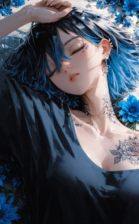 masterpiece, best quality, amazing quality, 1girl, solo, breasts, short hair, shirt, black hair, hair between eyes, jewelry, blue hair, collarbone, upper body, closed eyes, flower, multicolored hair, earrings, parted lips, lying, on back, black shirt, tattoo, piercing, sleeping, ear piercing, blue flower, blue theme, electricity, lightning, neck tattoo, flower tattoo <lora:noobai_ep11_stabilizer_v0.138_fp16:0.3> <lora:NOOB_vp1_detailer_by_volnovik_v1:0.3> <lora:nhl-001-20:0.8> <lora:nhl-002-nai:0.8>
