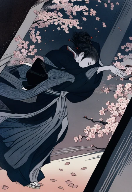 cherry blossoms in a dark storm, light and shadow, a girl in kimono and dancing, cherry petals flying in the air, wind and rain, dynamic angle, close-up shot, (best quality), woodcuts, highly detailed, KHsty-XL <lora:KHsty-XL-v3-AN:0.7>
