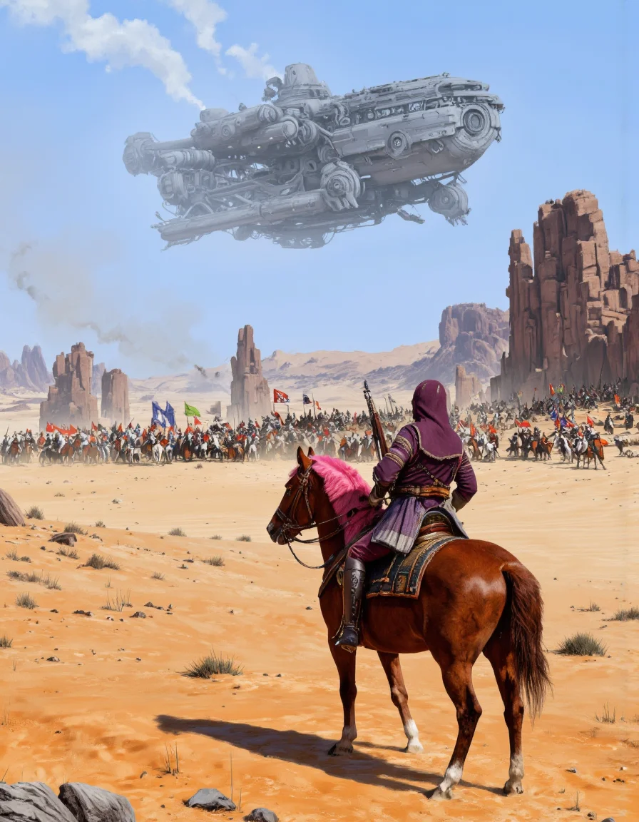By Jakub Rozalski. A digital illustration shoot from the side about a desert scene depicting a lone warrior on horseback, facing a large group of soldiers in the distance. the scene is set in a desert landscape with sparse vegetation and rocky formations in the background. the sky is clear and blue, and a large, futuristic spaceship is flying overhead, emitting a trail of smoke behind the warrior. the warrior, who appears to be in his mid-twenties, is positioned in the center of the image, with a serious expression on his face. he is wearing a purple hooded cloak and is holding a rifle in his right hand. the horse is brown with a pink mane and tail flowing behind him. in the foreground, a large crowd of soldiers can be seen, with some soldiers holding flags and others holding guns. the overall atmosphere is tense and action-packed.