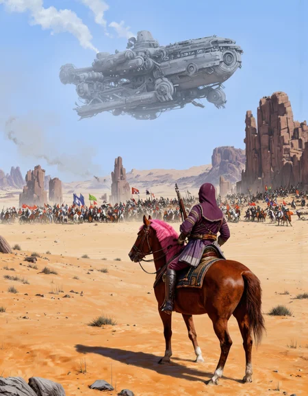 By Jakub Rozalski. A digital illustration shoot from the side about a desert scene depicting a lone warrior on horseback, facing a large group of soldiers in the distance. the scene is set in a desert landscape with sparse vegetation and rocky formations in the background. the sky is clear and blue, and a large, futuristic spaceship is flying overhead, emitting a trail of smoke behind the warrior. the warrior, who appears to be in his mid-twenties, is positioned in the center of the image, with a serious expression on his face. he is wearing a purple hooded cloak and is holding a rifle in his right hand. the horse is brown with a pink mane and tail flowing behind him. in the foreground, a large crowd of soldiers can be seen, with some soldiers holding flags and others holding guns. the overall atmosphere is tense and action-packed.