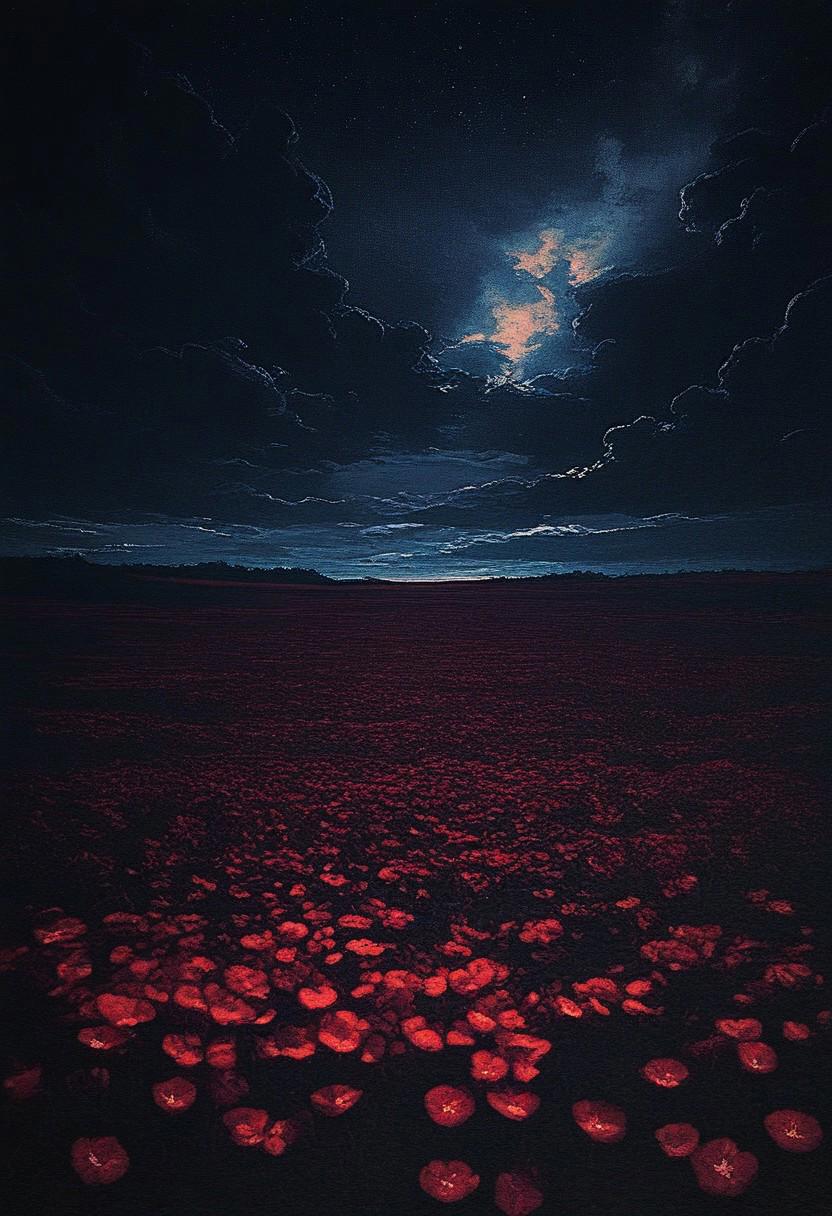 masterpiece, best quality, absurdres, DRKWB, sky, scenery, flower, no_humans, night, field, star_\(sky\), cloud, night_sky, starry_sky, outdoors, red_flower, flower_field, cloudy_sky, dark, nature