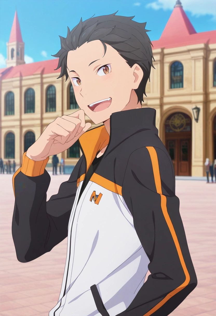 masterpiece, best quality, intricate details, anime screencap, anime coloring, official style, looking at viewer, 1boy, solo, male focus, <lora:subaru_natsuki_ilxl:0.98>, subaru_natsuki, black hair, brown eyes, short hair, natsuki subaru, hair slicked back, , from side, plaza, day, sunny, twisted torso, laughing,