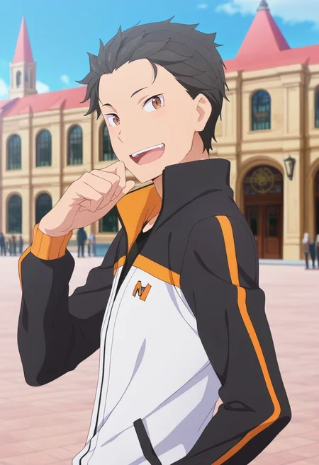 masterpiece, best quality, intricate details, anime screencap, anime coloring, official style, looking at viewer, 1boy, solo, male focus, <lora:subaru_natsuki_ilxl:0.98>, subaru_natsuki, black hair, brown eyes, short hair, natsuki subaru, hair slicked back, , from side, plaza, day, sunny, twisted torso, laughing,