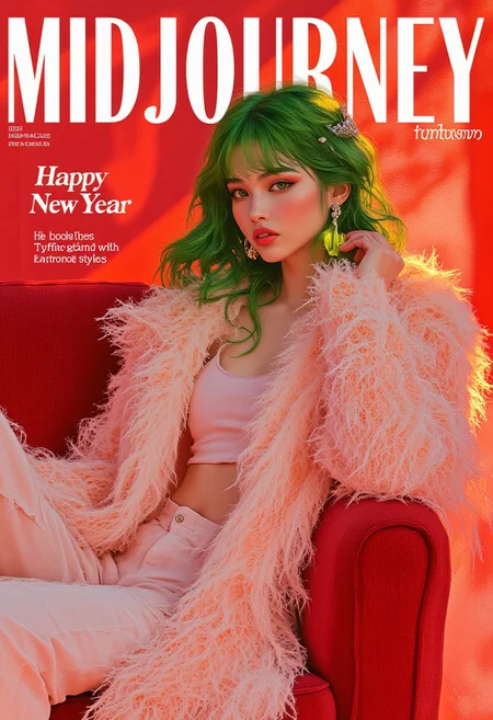fg ,midjourney, midjourney_whisper_avant_couture, (A modern, Magazine cover with heading that reads "Happy New Year", complementing the festive tone.))
A stunning studio-lit cover shot featuring a stylish, beautiful female model with pale skin, striking green eyes, and flowing green hair. She sits gracefully on a plush red couch, wearing a chic pink fur coat draped over her shoulders, paired with a trendy tank top and sleek pants. The composition highlights a close-up perspective, capturing her confident gaze and radiant expression.
The background is minimal and clean, emphasizing the model's vibrant look and bold styling. Bright, glossy colors dominate the image, with perfect studio lighting bringing out the texture of the fur coat and the glossy sheen of her outfit.
This cover combines a glamorous aesthetic with editorial polish, using vivid hues and ultra-sharp details, making it a standout 16K magazine cover design.