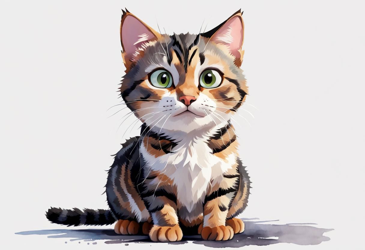 AA tabby cat with a lot of black and I want the Disney Pixar style in a white background painted by watercolor 3DAnimationStyle