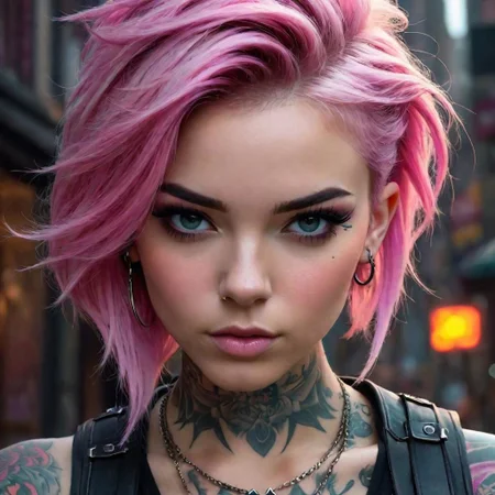 close up portrait of a punk pink hair girl with tattoos, in the style of digital art techniques,, joe madureira, uhd image, dark and brooding designer, michael malm, fantastical street