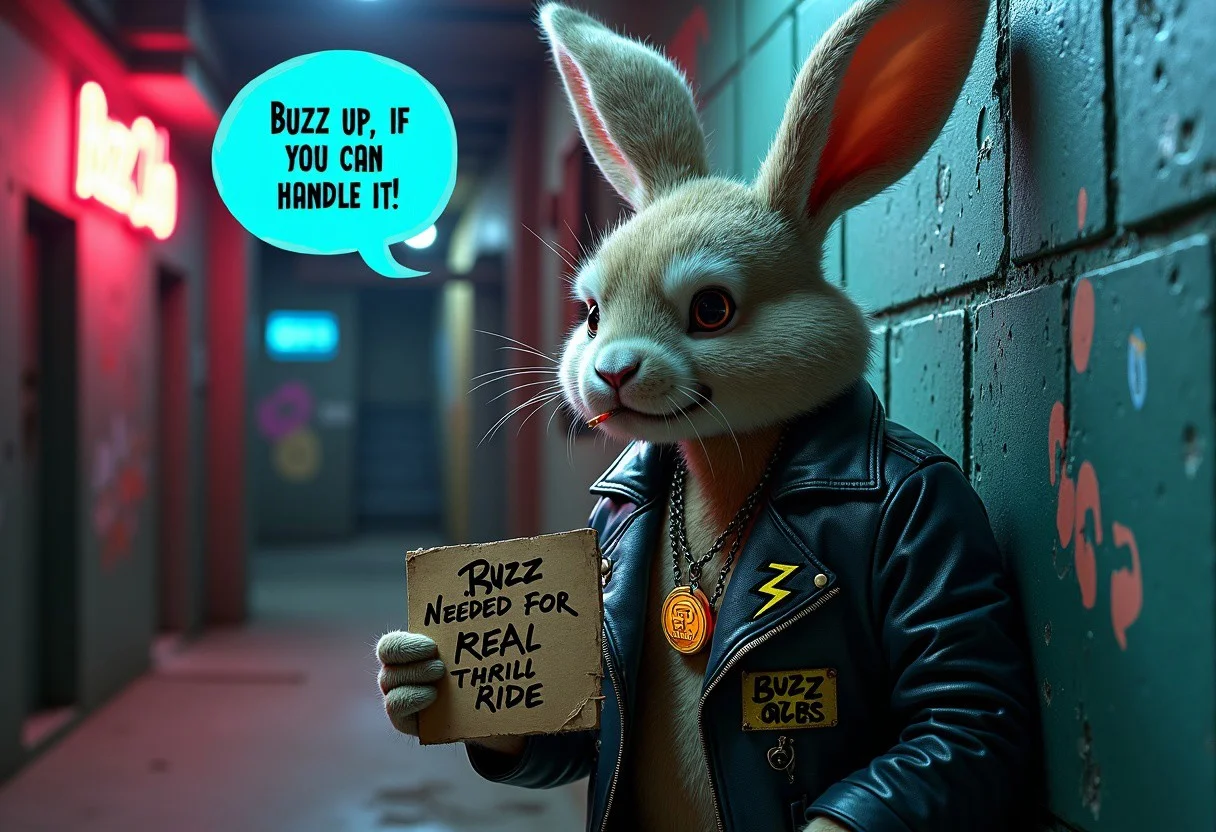 A rebellious, leather-jacket-wearing rabbit leans coolly against a neon-lit alley wall, one ear casually flopped over his eyes and a toothpick sticking out of his mouth. His jacket is adorned with embroidered lightning bolts and patches reading “Buzz Rebel” and “Buzz or Bust.” Around his neck, he wears a chain with a buzz coin pendant, flashing a small, steady glow.
In one paw, he holds a cardboard sign that’s been spray-painted with flair: “Buzz Needed for a REAL Thrill Ride.” The background reveals a dim, grungy city scene, with graffiti-covered walls and a small “Buzz Club” sign glowing in electric blue just above a basement staircase.
A speech bubble floats above the rabbit, reading:
“Buzz up, if you can handle it.”
The whole image gives off a vibe of gritty, rebellious cool, showing the rabbit as an underground thrill-seeker who lives for that next big buzz.