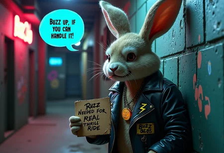 A rebellious, leather-jacket-wearing rabbit leans coolly against a neon-lit alley wall, one ear casually flopped over his eyes and a toothpick sticking out of his mouth. His jacket is adorned with embroidered lightning bolts and patches reading âBuzz Rebelâ and âBuzz or Bust.â Around his neck, he wears a chain with a buzz coin pendant, flashing a small, steady glow.
In one paw, he holds a cardboard sign thatâs been spray-painted with flair: âBuzz Needed for a REAL Thrill Ride.â The background reveals a dim, grungy city scene, with graffiti-covered walls and a small âBuzz Clubâ sign glowing in electric blue just above a basement staircase.
A speech bubble floats above the rabbit, reading:
âBuzz up, if you can handle it.â
The whole image gives off a vibe of gritty, rebellious cool, showing the rabbit as an underground thrill-seeker who lives for that next big buzz.