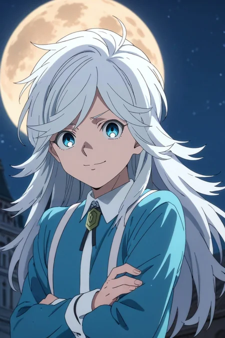 score_9, score_8_up, score_7_up, , rating_safe, intricate details, anime screencap, , , looking at viewer, depth of field, 1boy, solo, male focus, <lora:akira_kemono_jihen_pony:0.94>, akira_kemono_jihen, white hair, blue eyes, long hair, bangs, rule of thirds, stonehenge, night, full moon, arms under breasts, smirk, ,, <lora:sdxl_lightning_8step_lora:1>