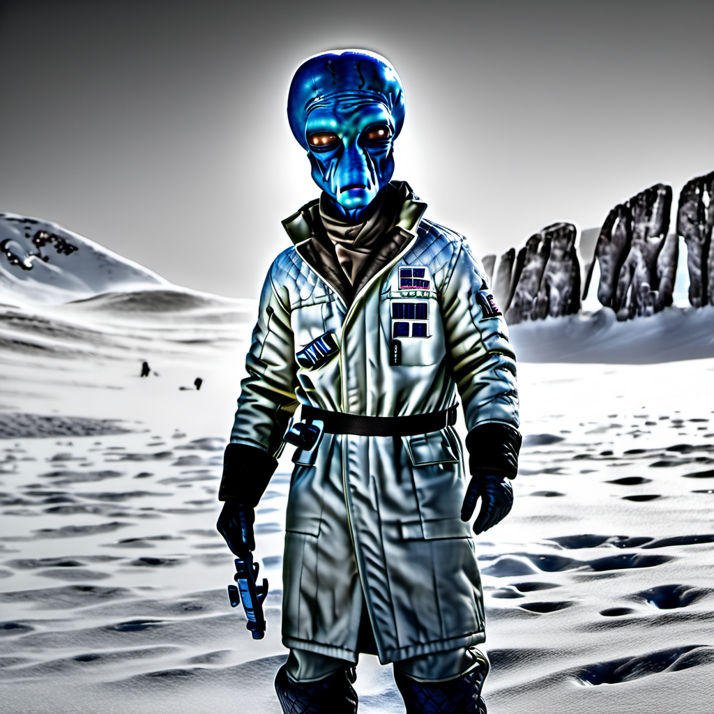 professional 3d model a male duros alien in a white parka in the snow on Hoth <lora:duros_alpha2-000006:1> . octane render, highly detailed, volumetric, dramatic lighting