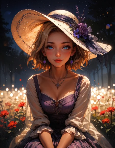 score_9, score_8_up, score_7_up, score_6_up, score_5_up, score_4_up, 1woman, (beautiful face, cute face, 18 years old), blonde, short hair, soft lighting, smiling, blush, looking at viewer, blue eyes, hands between knees, leaning forwards, night, bokeh, moonlight, tan skin, black background
