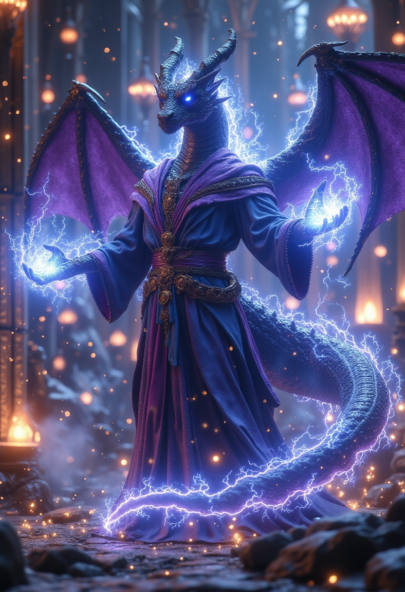 a fullbody shot of a fantasy lightning dragon wearing robe, casting lightning spells, fantasy city in background, HKMagic, HD, masterpiece, best quality, hyper detailed, ultra detailed, super realistic  <lora:FantasyWizardWitchesFluxV2-000001:1>