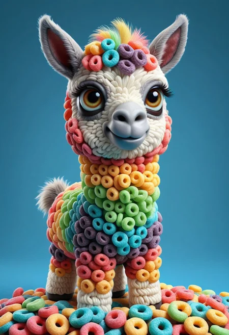 a cute chibby alpaca mixed with a donkey with big rainbow eyes made made of fruit loops, very detailed, 4k, sharp