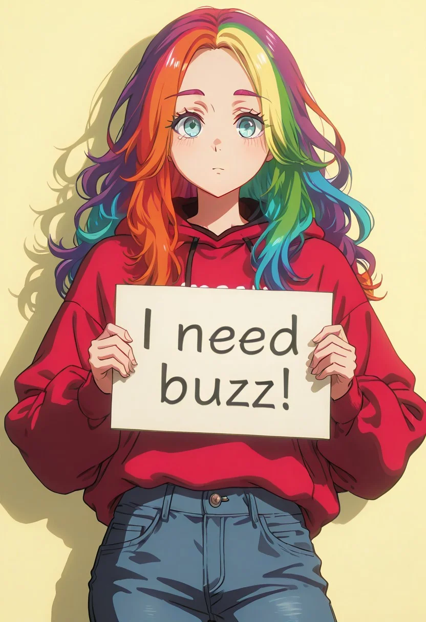 score_9, score_8_up, score_7_up, score_6_up,Enchanting Eyes, LDSCH Style, aesthetic, absurdres, beautiful, highres, detailed eyes,
Solo, 1girl, rainbow hair, turquoise eyes, attractive, long hair, cowboy shot, jeans, sweatshirt, need_buzz, holding sign,