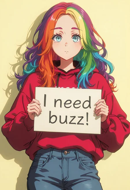 score_9, score_8_up, score_7_up, score_6_up,Enchanting Eyes, LDSCH Style, aesthetic, absurdres, beautiful, highres, detailed eyes,
Solo, 1girl, rainbow hair, turquoise eyes, attractive, long hair, cowboy shot, jeans, sweatshirt, need_buzz, holding sign,