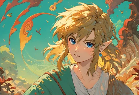 score_9, score_8_up, score_7_up, score_6_up, masterpiece, best quality, cute boy, 1boy, (looking at viewer), amazing quality, best aesthetic, intricate details, link, long hair, loose hair, blond hair, blue eyes, blue earrings, tattoos on the arm,mazjojo, (outside), floating islands, flying islands, blue sky, Dreamyvibes Artstyle, (f3nn3r), (colourful, pink, blue, black, red, trippy background), (churning cosmos, psychedelic background), golden yellow japanese bonsai trees, close view, wind,