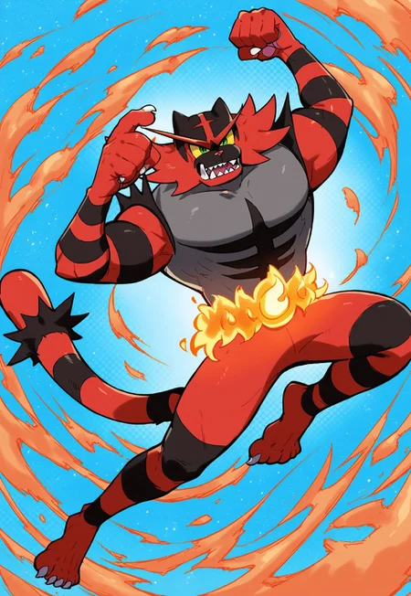 score_9, score_8_up, score_7_up, score_6_up, score_5_up, score_4_up, sfw, censored, hi res, anime, digitial art, action pose, jumping, in air, dynamic angle, abstract background, solo, (incineroar), felid, glowing flame belt, yellow sclera, green eyes, open mouth, sharp teeth, anthro, male, tail