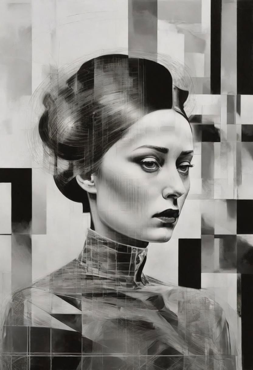 Monochrome black and white, Dali, Magritte, Delvaux, Bellmer, Malevitch, Rodchenko, Mondrian, Kandinsky, Popovna, psychedelic hallucination, pop surrealism, rough crosshatch drawing pop art Lunatic_Portrait of a young girl in latex, slick back, low bun, black makeup, sinister expression, intense glare, avant-garde, abstract, weird, geometric, constructivism, suprematism, rayonism, verticism, lineism, tj