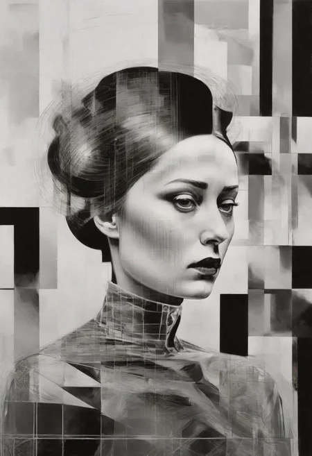 Monochrome black and white, Dali, Magritte, Delvaux, Bellmer, Malevitch, Rodchenko, Mondrian, Kandinsky, Popovna, psychedelic hallucination, pop surrealism, rough crosshatch drawing pop art Lunatic_Portrait of a young girl in latex, slick back, low bun, black makeup, sinister expression, intense glare, avant-garde, abstract, weird, geometric, constructivism, suprematism, rayonism, verticism, lineism, tj