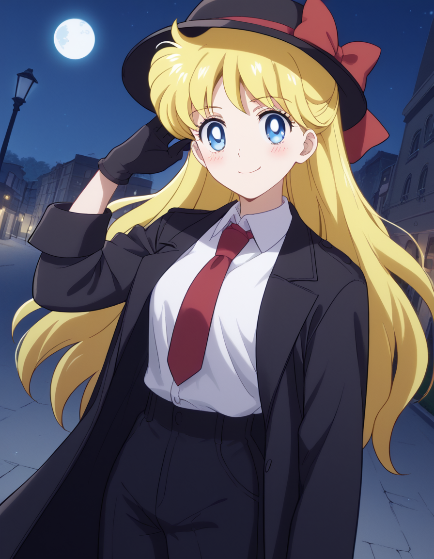 score_9, score_8_up, score_7_up, source_anime, <lora:minako-aino-eternal-movie1-ponyxl-lora-nochekaiser:1>, minako aino, blonde hair, blue eyes, bow, hair bow, half updo, long hair, red bow, tiara,, <lora:fedora-ponyxl-lora-nochekaiser:1>, fedora, hat, mob hat, black hat,, outdoors, night, moon, street, bolo tie, trench coat, hand on headwear, collar, gloves, necktie, pants, suit, looking at viewer, smile, blush, black coat, white vest,, solo, dutch angle, cowboy shot,