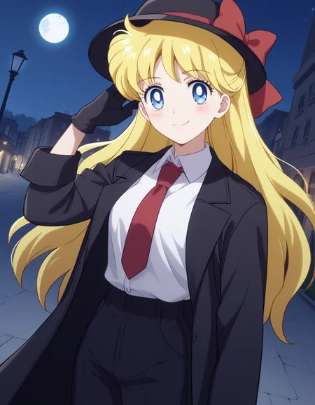 score_9, score_8_up, score_7_up, source_anime, <lora:minako-aino-eternal-movie1-ponyxl-lora-nochekaiser:1>, minako aino, blonde hair, blue eyes, bow, hair bow, half updo, long hair, red bow, tiara,, <lora:fedora-ponyxl-lora-nochekaiser:1>, fedora, hat, mob hat, black hat,, outdoors, night, moon, street, bolo tie, trench coat, hand on headwear, collar, gloves, necktie, pants, suit, looking at viewer, smile, blush, black coat, white vest,, solo, dutch angle, cowboy shot,