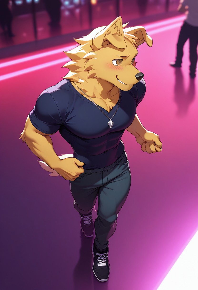 <lora:raygol:1>, Ray, golden retriever, brown eyes, yellow fur, 1boy, solo, perfecteyes, tail, no humans, furry male, furry, muscular, athletic build, long torso, narrow waist, narrow hips, toned ass, large pectorals, depth of field, soft shading, cell shaded, hyper-detailed, BREAK masterpiece, HD, highres, amazing quality, very aesthetic, cinematic lighting, dynamic angle, reflections, detailed background, shirt, short sleeves, jewelry, necklace, pants, smile, blushing, pose, posing, from above, full body