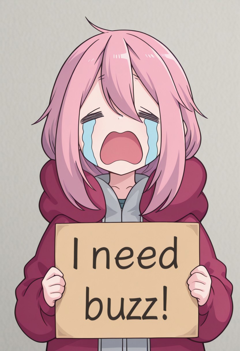 1girl, standing, nadeshiko kagamihara, uohhhhhhhhh! \(meme\), streaming tears, tongue, crying, meme, =_=, open mouth, tears, need_buzz, holding sign