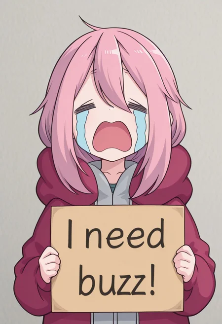 1girl, standing, nadeshiko kagamihara, uohhhhhhhhh! \(meme\), streaming tears, tongue, crying, meme, =_=, open mouth, tears, need_buzz, holding sign