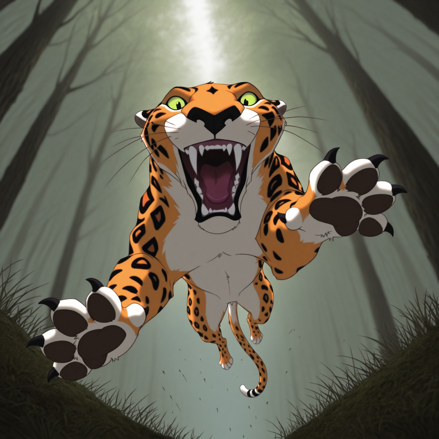 8k, uncensored, masterpiece, best quality, highly detailed, realistic, 1girl, solo, SaborTZ, furry, feral, feline, leopard, light-green sclera, black eyes, black nose, whiskers, orange body, orange fur, white body, white fur, two tone body, two tone fur, black spots, spotted body, medium tail, white tail tip, angry, fangs, teeth, open mouth, (looking at viewer, forest, afternoon, grass, detailed background, front view, close-up, wide eyes, in air, attacking viewer, ((4 fingers), paws, black claws, 4 toes, in air, jumping, leaping, (dewclaw)