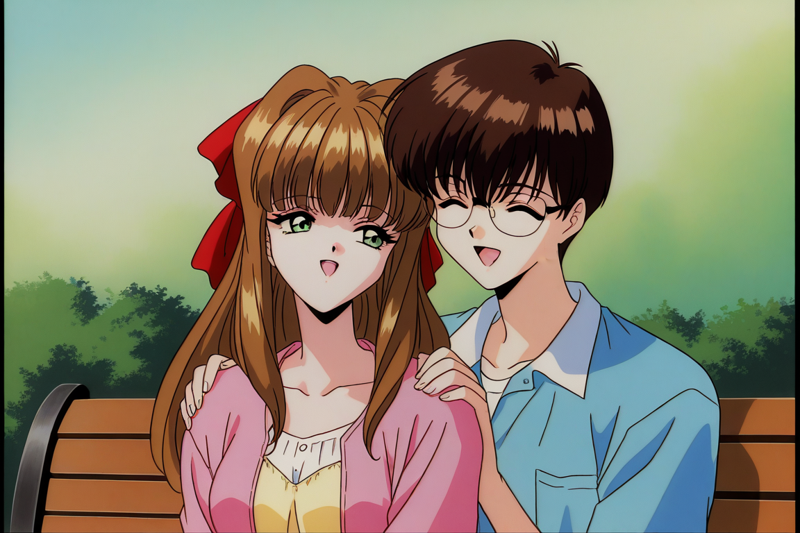 general,highres, ultra-detailed,very aesthetic,best quality ,best hands,  BREAK <lora:Imouto_SG_IS:1> Imouto_SG, brown hair, long hair, hair bow, green eyes, red bow, bangs, breasts,
 1girl, 1boy, glasses, closed eyes, short hair, smile, retro artstyle, pillarboxed, open mouth, brother and sister, 
park, bench,